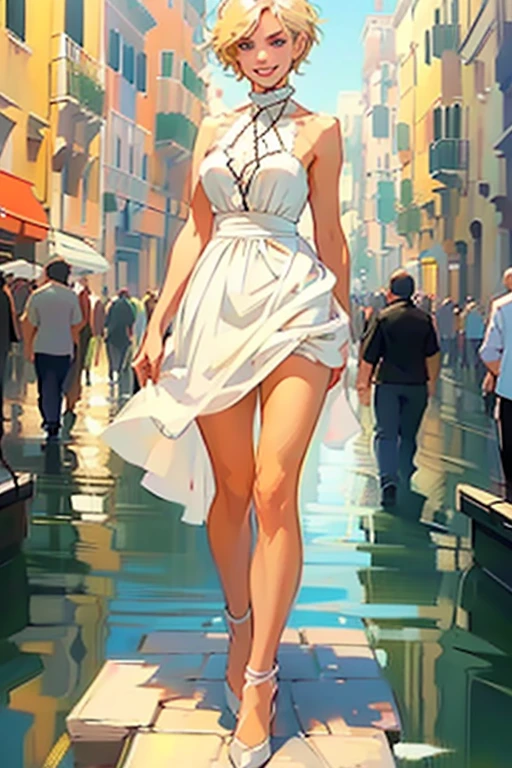 Venice, Italy. Athletic blonde woman, (short hair), tomboy, cute, ((smile)), White sundress, wedge heels, light makeup. Masterpiece, best quality,(highly detailed:1.2),(detailed face and eyes:1.2), 8k wallpaper, natural lighting. core shadows, high contrast, bokeh, depth of field,(rule of thirds).