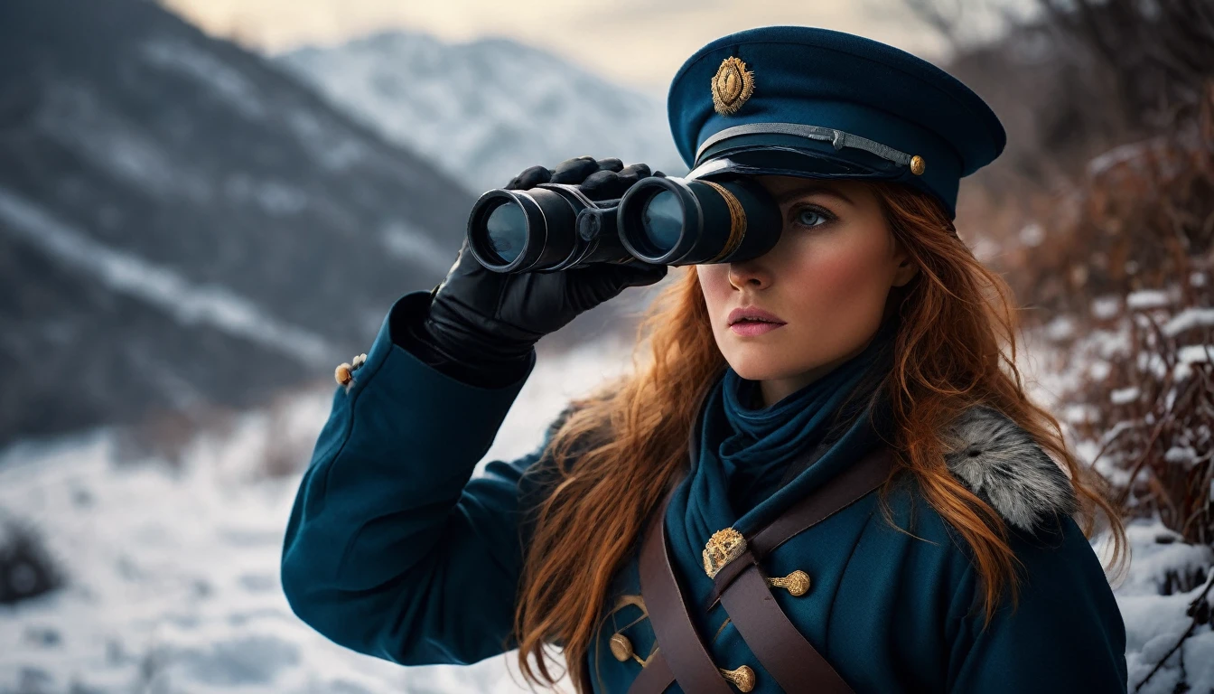 Illustrate Napoleon's beautiful female soldier hiding in a bush on top of snowy hill landscapes, using a monocular, struggling against the harsh winter conditions, background dark, hyper realistic, ultra detailed hyper realistic, photorealistic, Studio Lighting, reflections, dynamic pose, Cinematic, Color Grading, Photography, Shot on 50mm lens, Ultra-Wide Angle, Depth of Field, hyper-detailed, beautifully color, 8k