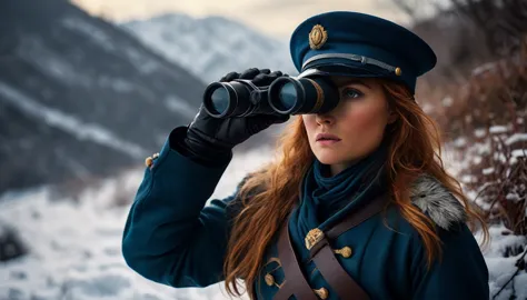 illustrate napoleon's beautiful female soldier hiding in a bush on top of snowy hill landscapes, using a monocular, struggling a...