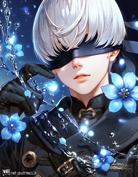 Ultra detailed, highres, absurdres, HDR, master piece, 9S, white hair with bangs, blindfolded eyes, black clothes, black gloves,...