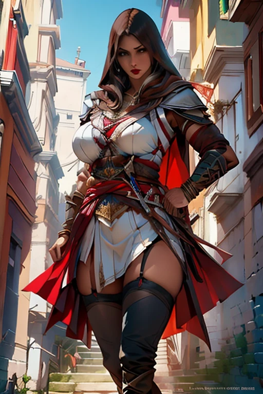 The woman, poca Clothes, Clothes, knee high boots, Bracelets on the legs, socks, stockings, Venice in the background, Venice, evening, night, Renaissance,renaissance, Very detailed, Realistic long-term photography., 4k, wide, brown hair, by the chestnut, Red lips,((hood, hood)), bracelet, sexy,red lips, brown eyes, big breasts, big breasts, Lucia Auditore