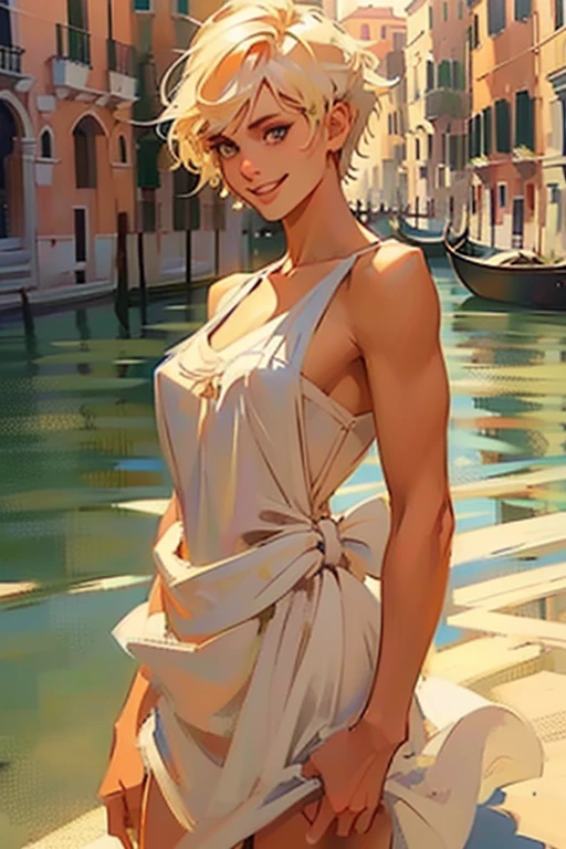 Venice, Italy. Athletic blonde woman, (short hair), tomboy, cute, ((smile)), White sundress, wedge heels, light makeup. Masterpiece, best quality,(highly detailed:1.2),(detailed face and eyes:1.2), 8k wallpaper, natural lighting. core shadows, high contrast, bokeh, depth of field,(rule of thirds).