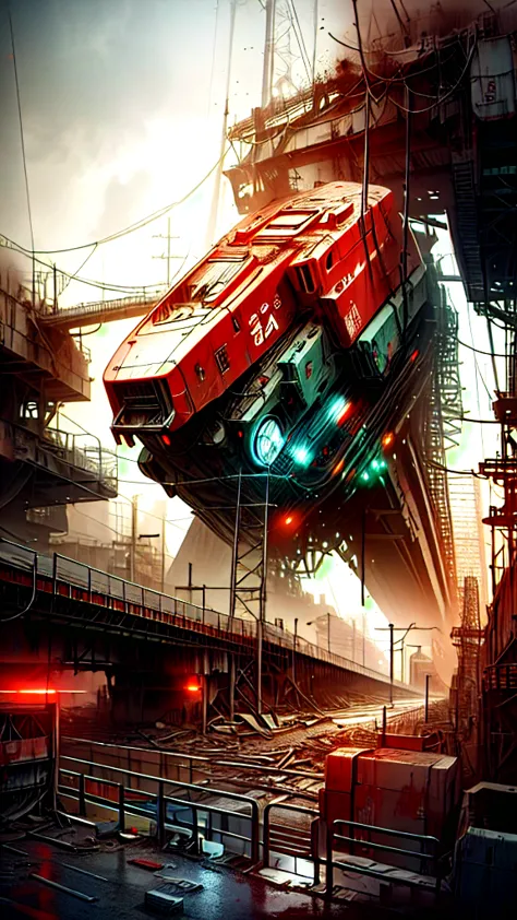 a giant robot, with red details, in a bridge, many abandoned cars, post apocalyptic scene. the illustration is in high definitio...