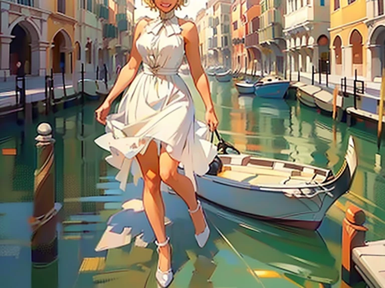 Venice, Italy. Athletic blonde woman, (short hair), tomboy, cute, ((smile)), White sundress, wedge heels, light makeup. Masterpiece, best quality,(highly detailed:1.2),(detailed face and eyes:1.2), 8k wallpaper, natural lighting. core shadows, high contrast, bokeh, depth of field,(rule of thirds).