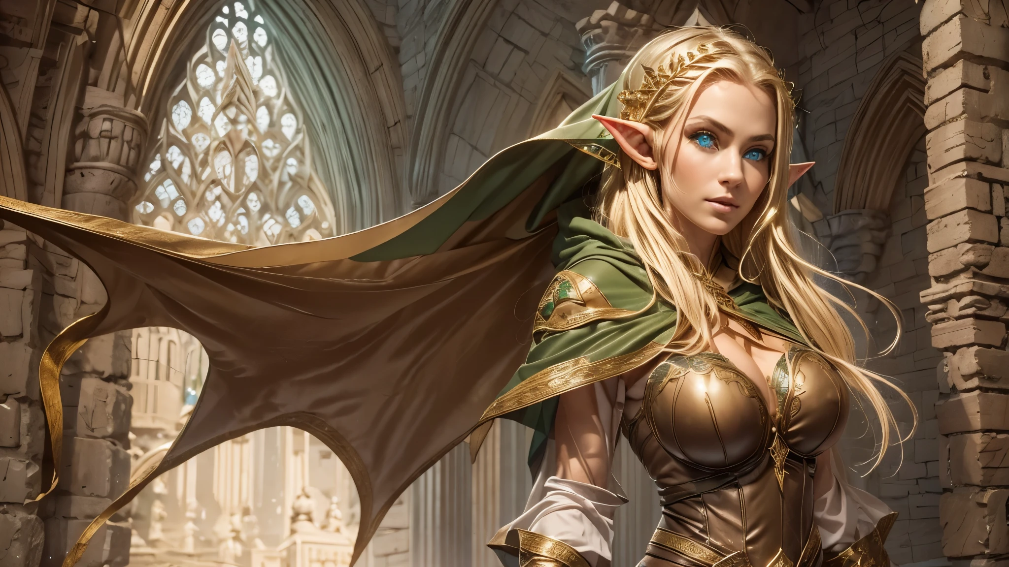 medieval setting, full view of body, (detailed elf ear, 1 woman, elven featured face, massive bulging breast, beautiful green eyes, blonde hair, thick hips, narrow shoulders, camel toe), (leather green cape and hood, thin leather gartered bustier and panty, elven designed outfit), 