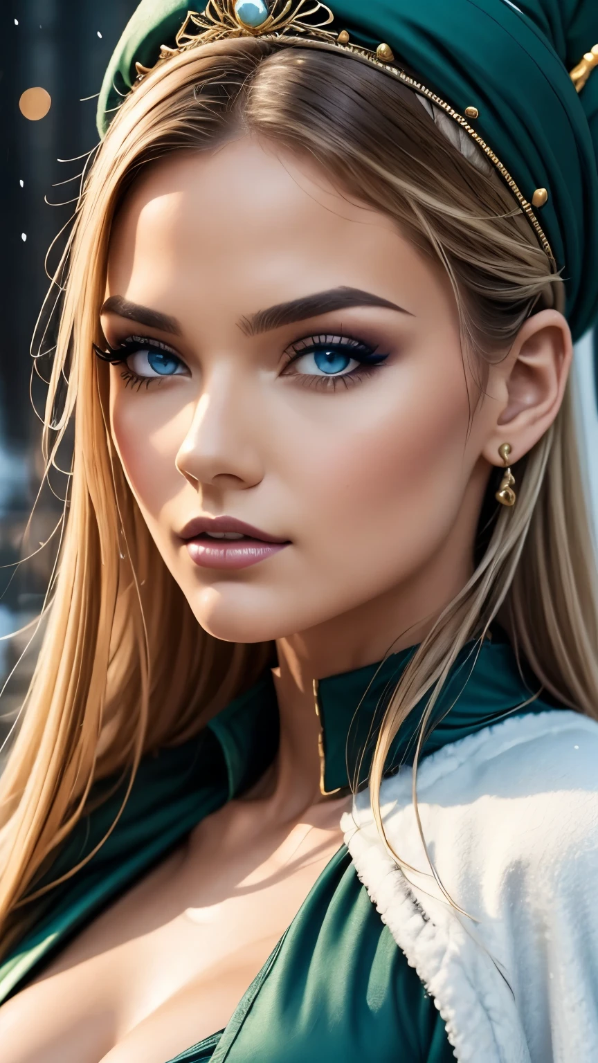 a beautiful empress portrait, blonde hair, perfect blue eyes, with a brilliant, impossible striking big Christmas headpiece, clothes Santa robes, everything Christmas, snow, symmetrical, dramatic studio lighting, rococo, baroque, greens, asian, hyperrealism, closeup, D&D, fantasy, intricate, elegant, highly detailed, digital painting, artstation, octane render, 8k, concept art, matte, sharp focus