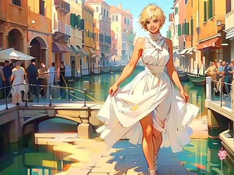 Venice, Italy. Athletic blonde woman, (short hair), tomboy, cute, ((smile)), White sundress, wedge heels, light makeup. Masterpi...