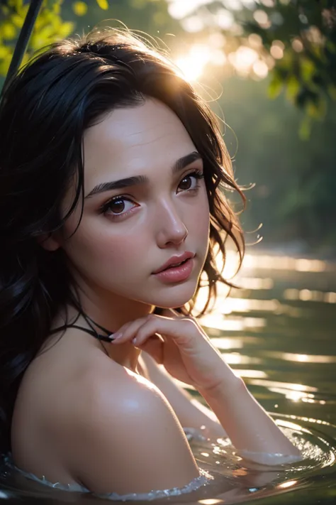 close up portrait of a cute woman (gal gadot) bathing in a river, reeds, (backlighting), realistic, masterpiece, highest quality...