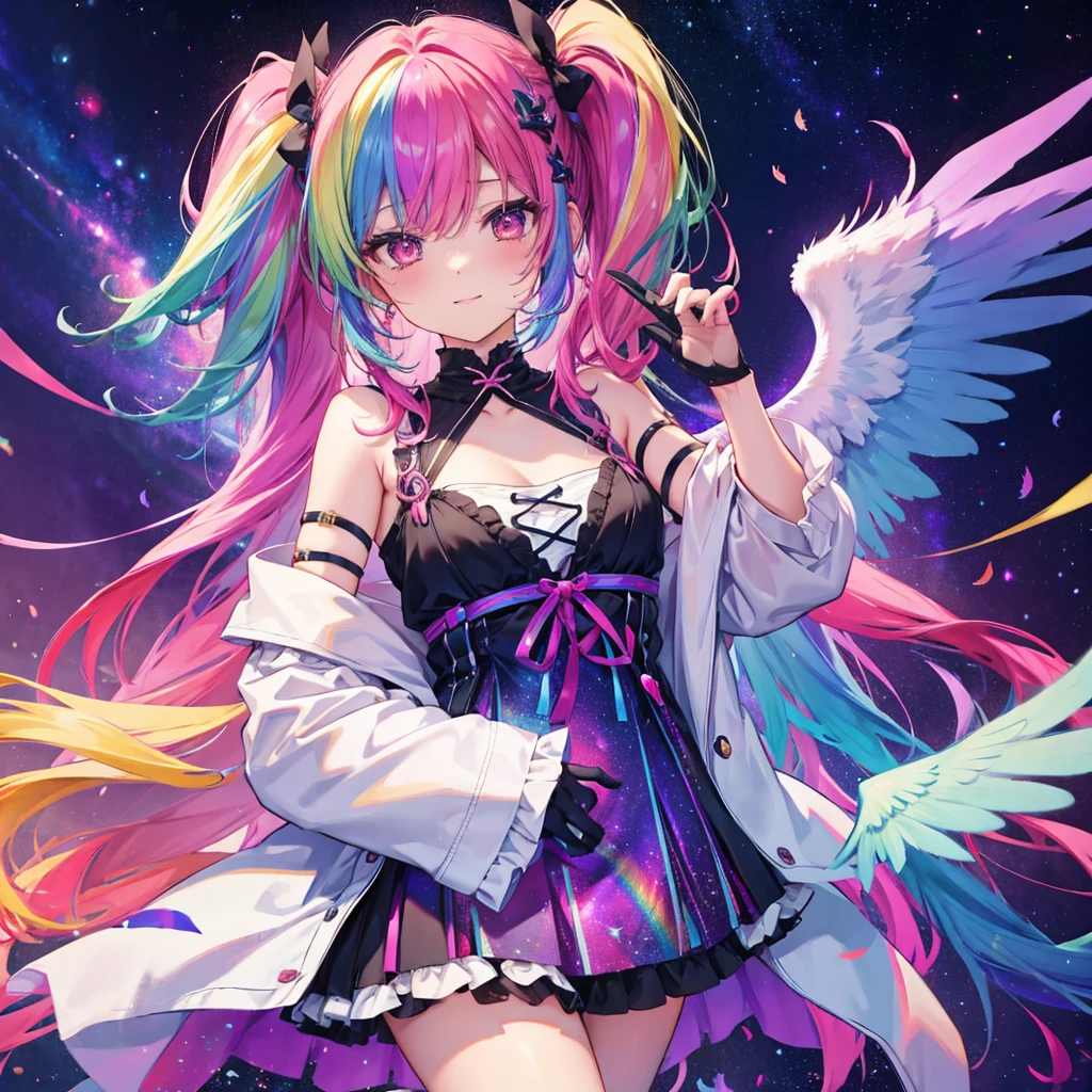 ((arcángel　fantasía　pelo arcoiris　Haz que tu cabello tenga el color del arcoíris por dentro　colas gemelas　ojos rojos apagados　hay una galaxia　Camisola　Alas muchas veces más grandes que las mías.　plumas de gradiente de arco iris　solitario　sonriendo amablemente　frente))　((lágrimas　guantes))　(vidrio roto　Guijarro rodante　estrella)　atrapar el viento　vía Láctea　Fondo brillante　partículas de luz, bordes de colores del arco iris　estrella