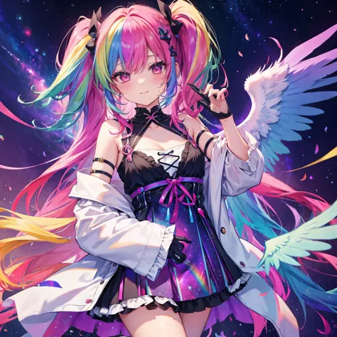 ((Archangel　Fantasy　Rainbow Hair　Make your hair rainbow-colored on the inside　Twin tails　Dull red eyes　There is a galaxy　camisol...