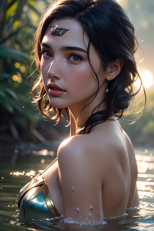 close up portrait of a young woman (gal gadot) bathing in a river, reeds, (backlighting), realistic, masterpiece, highest quality, lens flare, shade, bloom, [[chromatic aberration]], by Jeremy Lipking, by Antonio J. Manzanedo, digital painting,