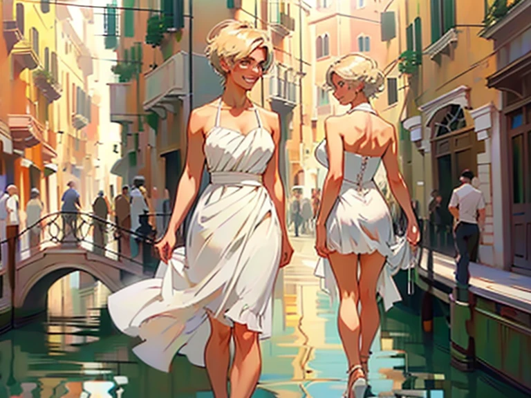 (back view),Venice, Italy. Athletic blonde woman, (short hair), tomboy, cute, ((smile)), White sundress, wedge heels, light makeup. Masterpiece, best quality,(highly detailed:1.2),(detailed face and eyes:1.2), 8k wallpaper, natural lighting. core shadows, high contrast, bokeh, depth of field,(rule of thirds).