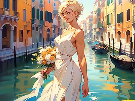 (back view),Venice, Italy. Athletic blonde woman, (short hair), tomboy, cute, ((smile)), White sundress, wedge heels, light make...