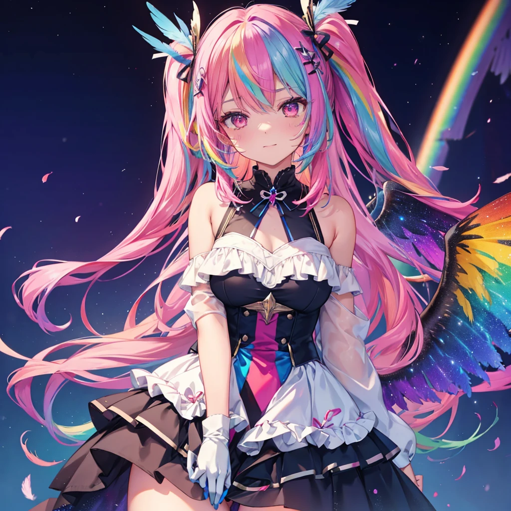 ((arcángel　fantasía　pelo arcoiris　Haz que tu cabello tenga el color del arcoíris por dentro　colas gemelas　ojos rojos apagados　hay una galaxia　Camisola　Alas muchas veces más grandes que las mías.　plumas de gradiente de arco iris　solitario　sonriendo amablemente　frente))　((lágrimas　guantes))　(vidrio roto　Guijarro rodante　estrella)　atrapar el viento　vía Láctea　Fondo brillante　partículas de luz, bordes de colores del arco iris　estrella