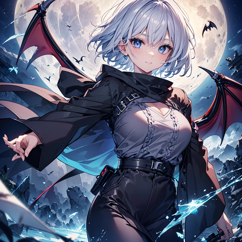 ((((vampire　Inflammation))))　(((Gray Hair　short hair　blue eyes　woman　Center close-up)))，((night　full moon　My own big wings))，(Wearing a hood　Black camisole　Purple light)，　A strained smile　Shining Background　Shining Edges