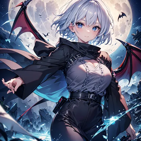 ((((vampire　inflammation))))　(((gray hair　short hair　blue eyes　woman　center close-up)))，((night　full moon　my own big wings))，(we...