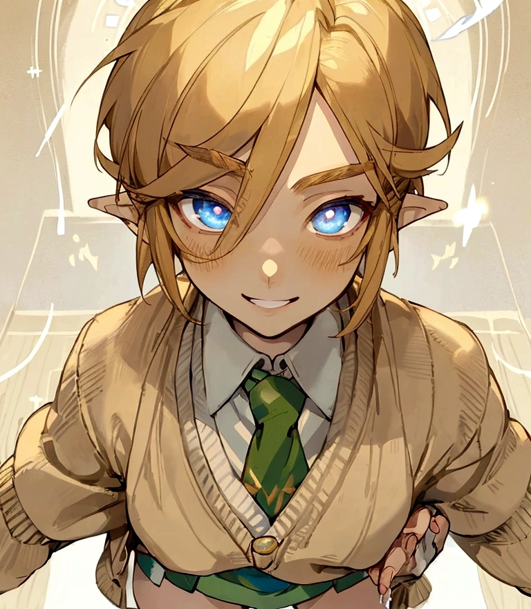 ((Masterpiece)), (best quality), ((1 boy)), (link from the legend of zelda,  blonde hair, short hair), (cardigan + micro miniskirt uniform ), holding a smartphone in front of your face, ((shirome whitewashed eyes, hypnosis, mind control)) , (extended smile)
