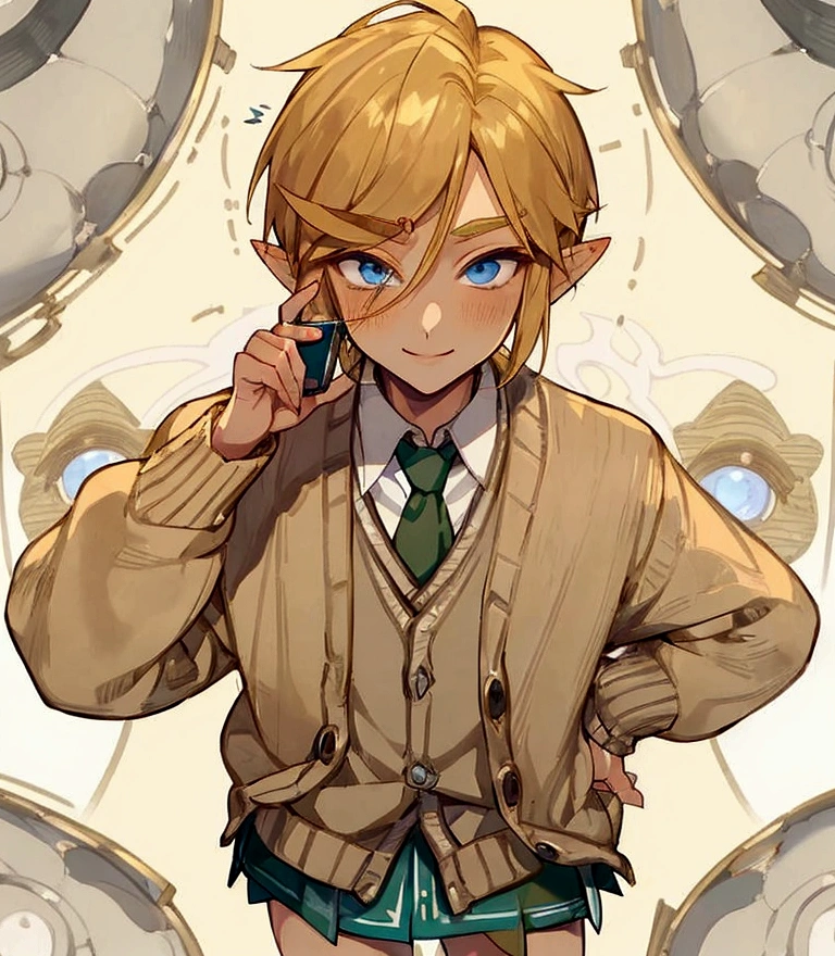 ((Masterpiece)), (best quality), ((1 boy)), (link from the legend of zelda,  blonde hair, short hair), (cardigan + micro miniskirt uniform ), holding a smartphone in front of your face, ((shirome whitewashed eyes, hypnosis, mind control)) , (extended smile)