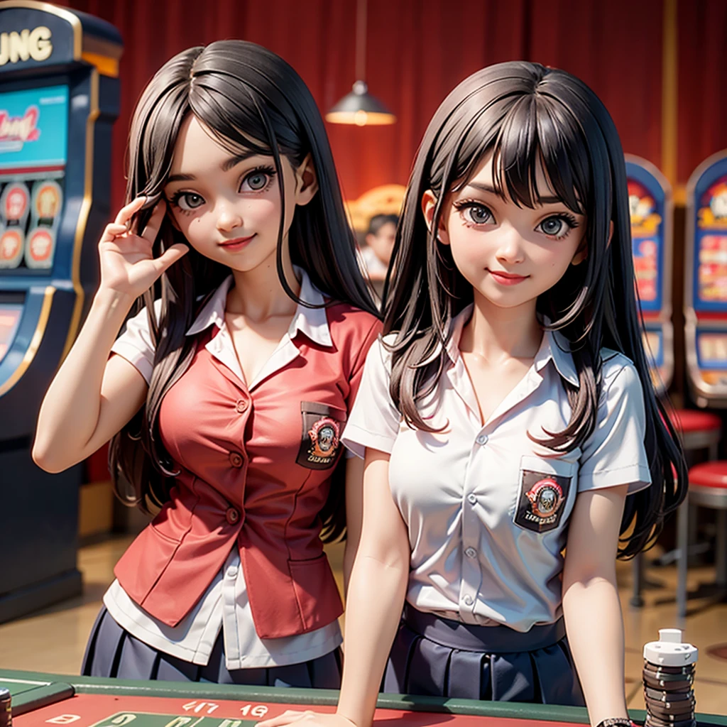happy and smile, {{indonesian girl}}, {wearing high school uniform}, teasing and waiting customer play, standing, playing in casino, red casino background, polite and kind, Sweet Face, roulette table, poker table, big slot machines right and left, 