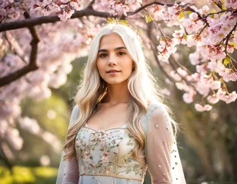 A stunning photo realistic image of a young girl with long, flowing white hair adorned with delicate flowers. She has warm, expr...
