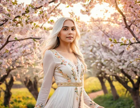 A stunning photo realistic image of a young girl with long, flowing white hair adorned with delicate flowers. She has warm, expr...