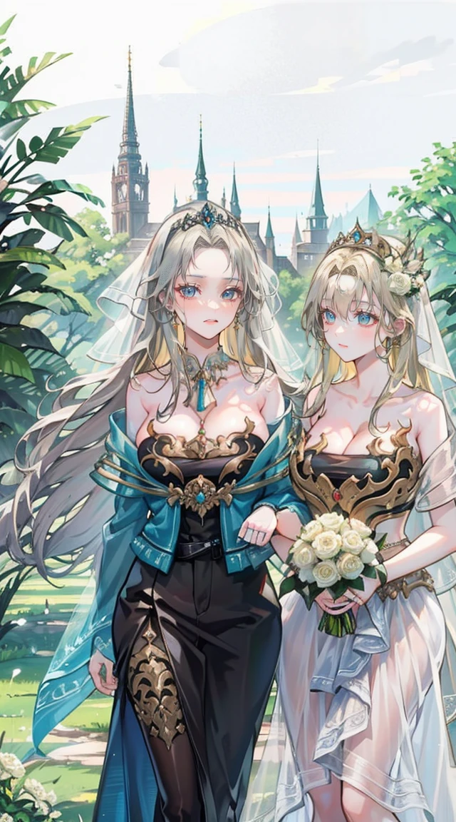 beautiful woman，Folk Girl，blonde with blue eyes，Twist，Wear a strapless wedding dress with no straps.，countryside，countryside，beautiful scenery，European Middle Ages，smile with teeth，forehead，forehead exposed，big ，rift, (2 young women ,beautiful woman)