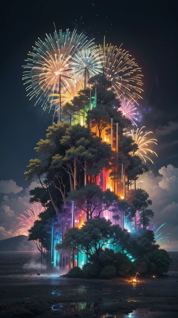 Fantastic scenery、firework、firework大会、Rainbow colorsのfireworkが打ちあがっている瞬間、With the night sky、壮大なfirework、future都市、Highest quality、masterpiece, (Diffuse reflection of light:1.2), When the fantastic rainbow turns into shadow, bathed in a mystical atmosphere.The cats are watching too、Colorful Cats, Cast magic spells. evoke a sense of wonder and awe. A fusion of natural grandeur and magic, Weaving dreams into reality. Behold, null, And the unknown, Fleeting、And an eternal moment, 16K, Ultra-high resolution.Realistic, Ultra-high resolution, to be born,future、Rainbow colorsに光り輝く、Rainbow colors、The world 30 years from now。