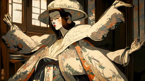 masterpiece, best quality, ukiyo-e:1.2, in eitoku style, a beautiful 20s russian model, ultra detailed face