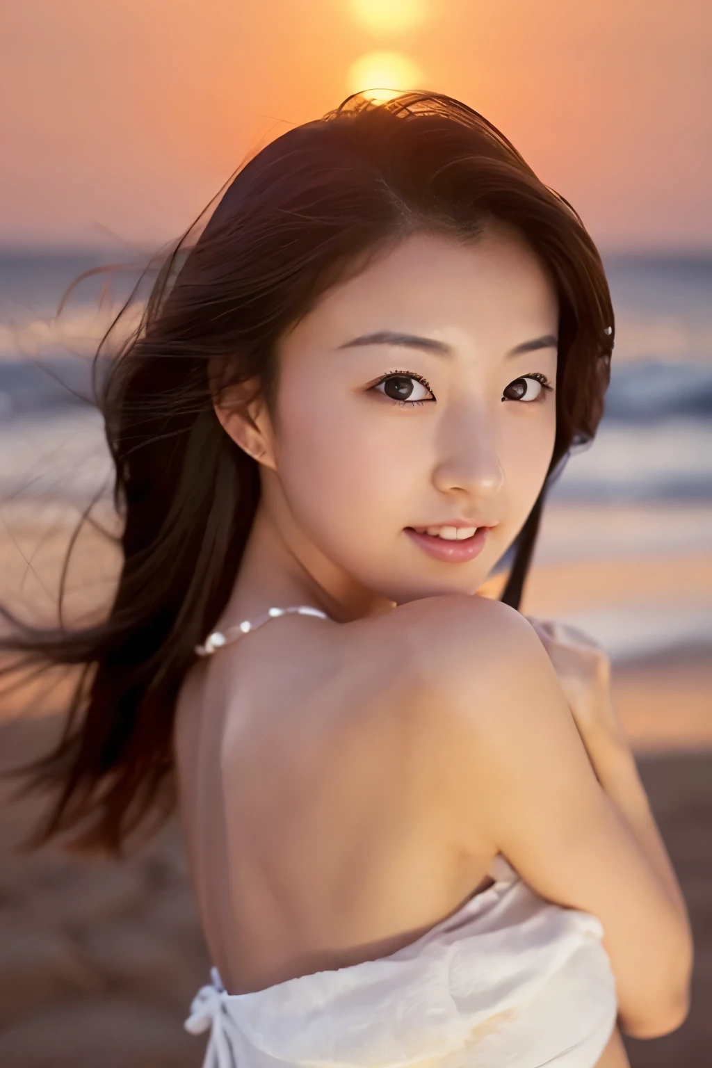 打造高品質, 非常美麗的日本偶像的超現實肖像. 她穿著乾淨的白色夏裝，在海上日落時蹲在沙灘上. 夜空的深靛藍與地平線附近最後的深紅色形成鮮明對比, 背景中有搖曳的海浪. 女生半長髮身材修長胸小. 照片應該要捕捉她細緻的眼神, 一張細緻的臉, 和一個美麗的, 精緻的鼻子. 圖像應該具有真實感, 精美的, 以及細緻的品質, 適合時尚雜誌封面. 使用戲院燈光和柔和的光線來增強她的特徵. 確保照片具有最高品質, 解析度為8k, 使其非常適合 2K 壁紙.