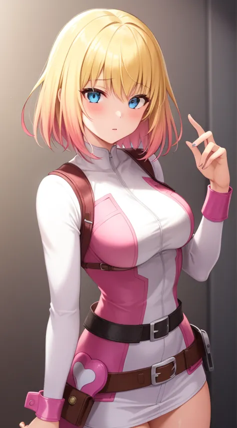 gwenpool, 1girl, blonde hair, multicolored hair, solo, blue eyes, short hair, gradient hair, belt, two-tone hair, pink hair, bre...