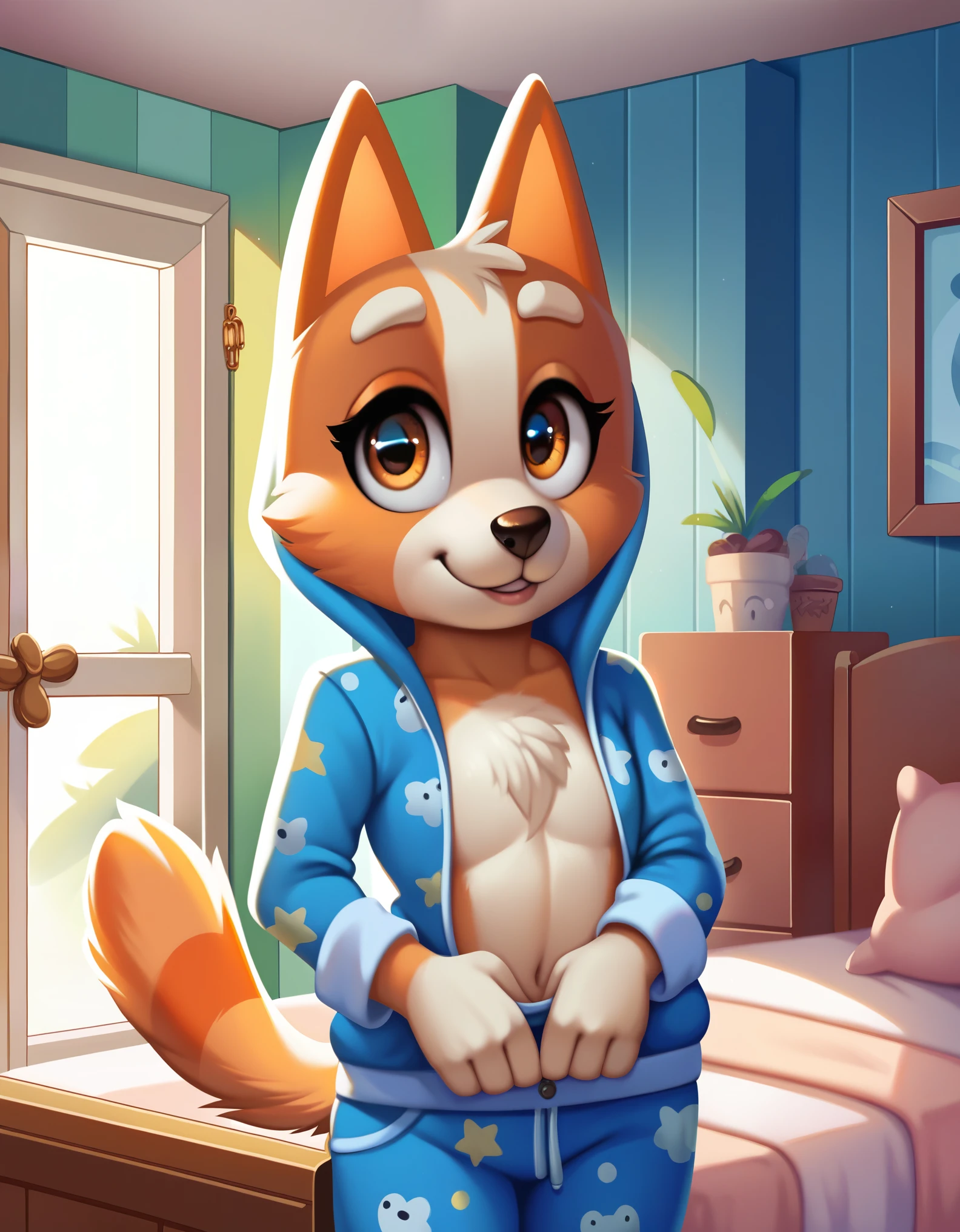 score_9, score_8_up, score_8, 1girl, 18 years old, source_cartoon, source_furry, blueyxl, bingo heeler, (boxchibi:0.8), cowboy shot, anthro, furry, tail, orange body, animal ears, flat shaded background, indoors, curvy, , detailed fur texture, pajamas, flat chest, onesie, slim, looking at viewer, at night, dark atmosphere