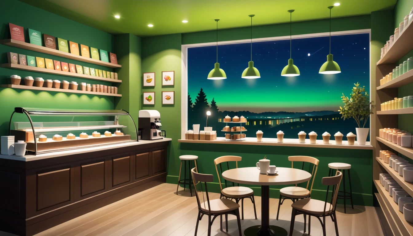 a cozy night time interior of a coffee shop, sweets in the shelves and coffee cups in the tables, there are also 2 windows in which you can see a green solid background outside