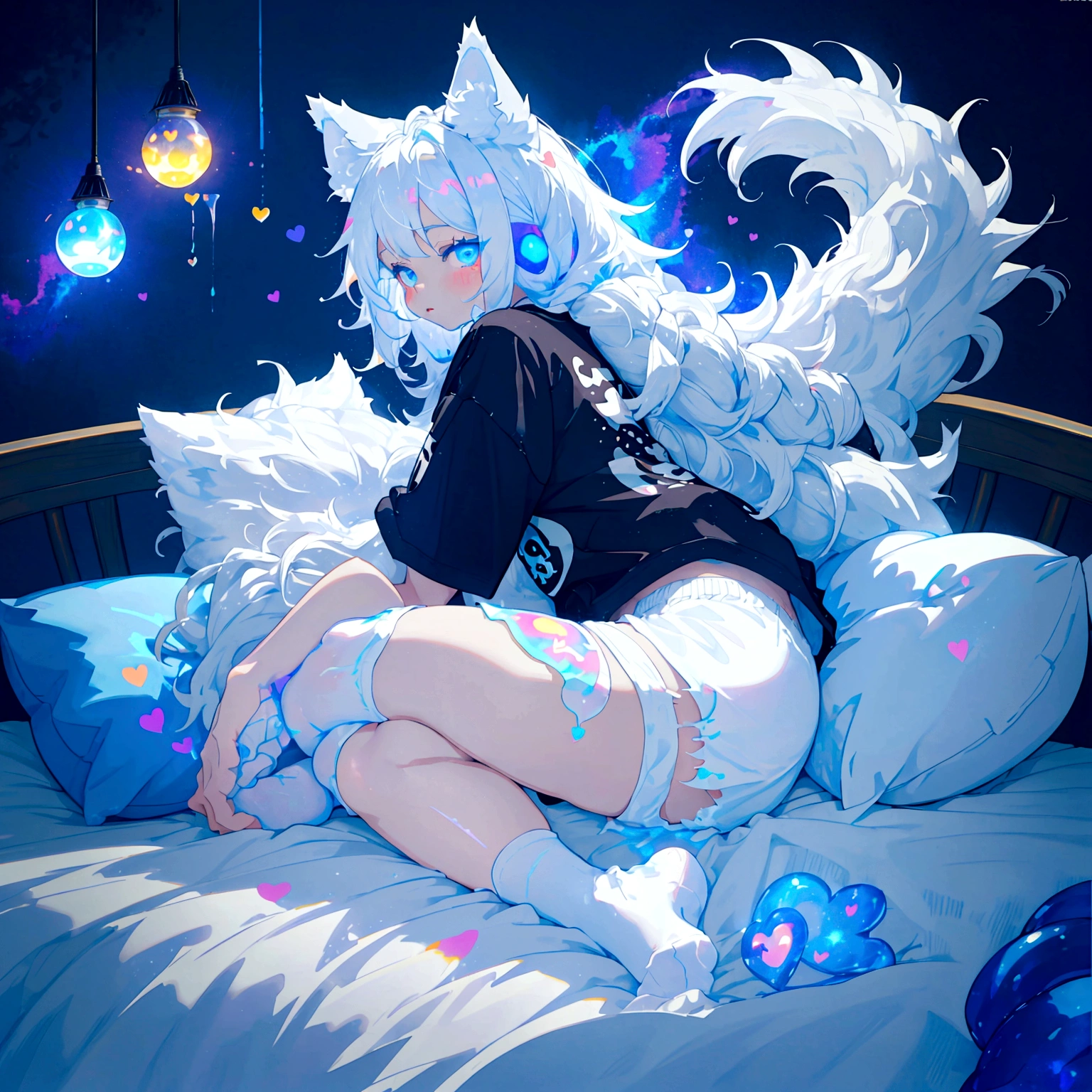 a cute adult male with wolf ears long white hair and a fluffy wolf tail, wearing bootyshorts and a tight t-shirt with a heart logo on it, has glowing blue eyes, is surrounded by dripping liquid galaxy rainbows, has very squishy thighs, wearing white thigh high socks, kawaii, on bed relaxing surrounded by plushies