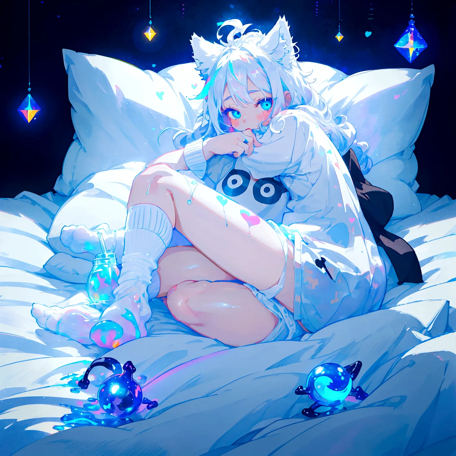 a cute adult male with wolf ears long white hair and a fluffy wolf tail, wearing bootyshorts and a tight t-shirt with a heart lo...