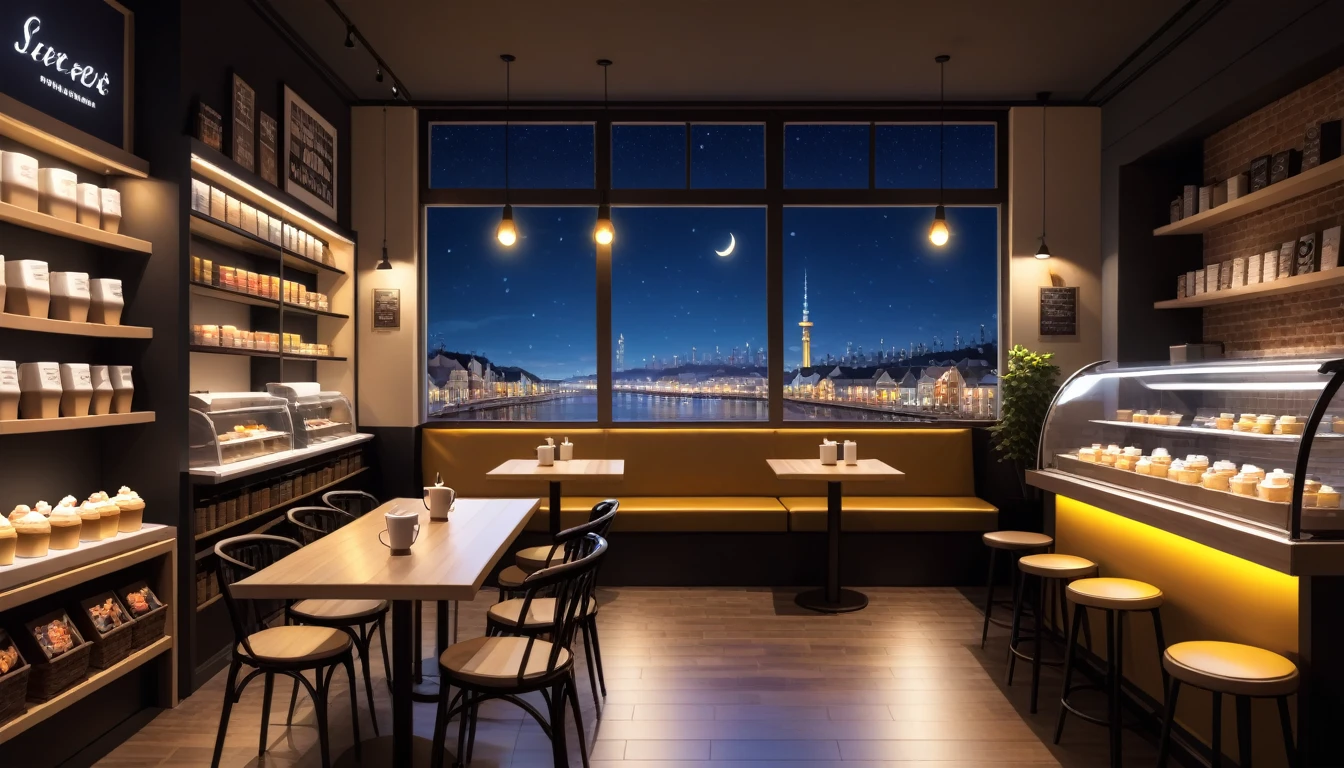 a cozy night time interior of a coffee shop, sweets in the shelves and coffee cups in the tables, there are also 2 windows in which you can see the nightlife outside