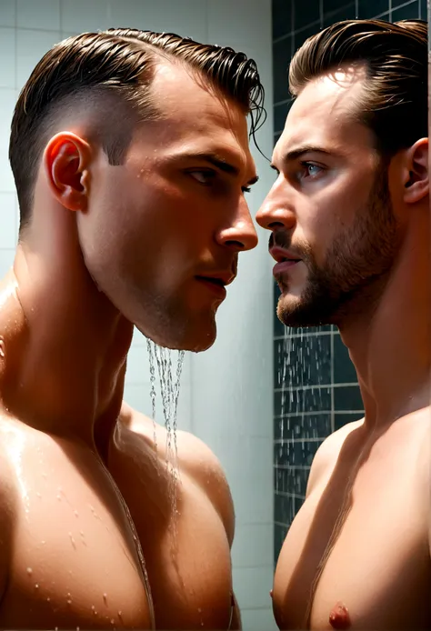 Two boys take a shower together，Bathhouse，Raised sexy - SeaArt AI