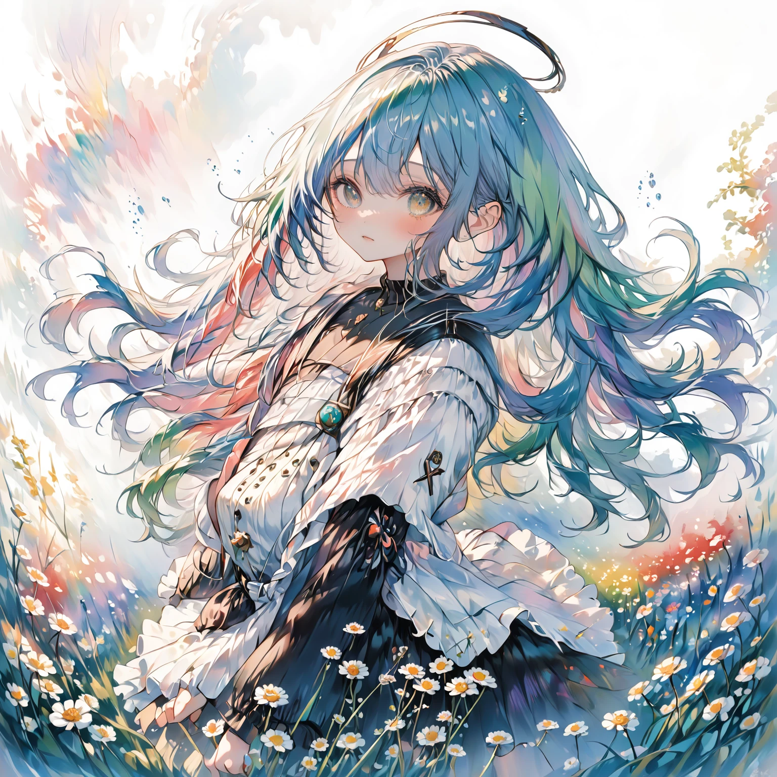 anime girl with blue hair and green hair in a field of flowers, anime style 4 k, mikudayo, nightcore, anime aesthetic, anime art wallpaper 4k, anime art wallpaper 4 k, anime art wallpaper 8 k, anime wallpaper 4k, anime wallpaper 4 k, anime girl with teal hair, anime asthetic, 4k anime wallpaper