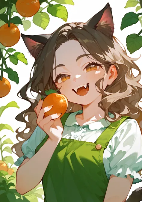Half body, girl,  A pretty woman, long black wavy hair, Brown eyes, gardener  clothes, cat ears and tail, fangs, surrounded by d...
