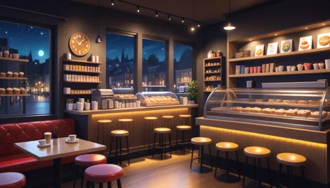 a cozy night time interior of a coffee shop, sweets in the shelves and coffee cups in the tables, there are also 2 windows in wh...