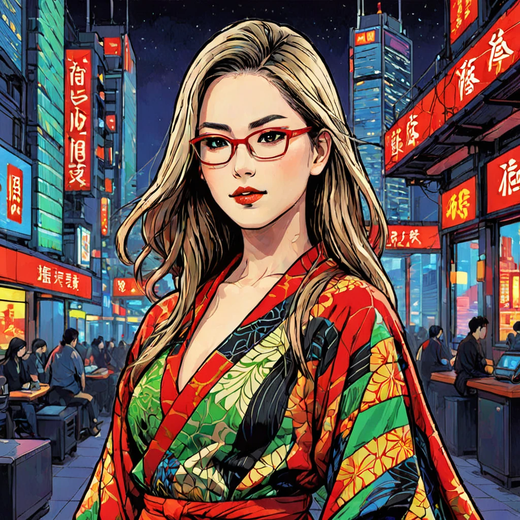 A manga-style illustration featuring a young woman with long, flowing hair and bright green eyes. She is wearing a red and black kimono with bold geometric patterns. The background is a vibrant cityscape with towering skyscrapers and neon lights. The thick impasto technique creates texture and depth in the illustration, with bold graphic lines defining the woman's features and the intricate details of her clothing. The colors are vivid and saturated, with reds, oranges, and yellows dominating the scene. The overall effect is dynamic and energetic, capturing the excitement and intensity of modern urban life, Wearing glasses, blonde hair