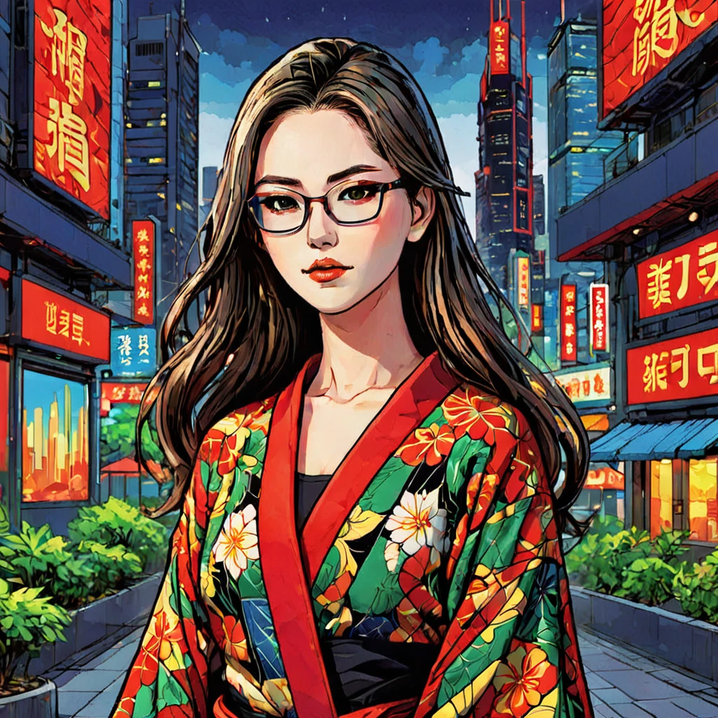 Eine Illustration im Manga-Stil mit einer jungen Frau mit langen, wallendes Haar und leuchtend grüne Augen. Sie trägt einen rot-schwarzen Kimono mit kräftigen geometrischen Mustern. Der Hintergrund ist eine lebendige Stadtlandschaft mit hoch aufragenden Wolkenkratzern und Neonlichtern. Die dicke Impasto-Technik erzeugt Textur und Tiefe in der Illustration, mit kräftigen grafischen Linien, die die Gesichtszüge der Frau und die komplizierten Details ihrer Kleidung definieren. Die Farben sind lebendig und gesättigt, mit Rot, oranges, und Gelb dominiert die Szene. Der Gesamteffekt ist dynamisch und energetisch, die Aufregung und Intensität des modernen Stadtlebens einfangen, Brille tragen, Blondes Haar