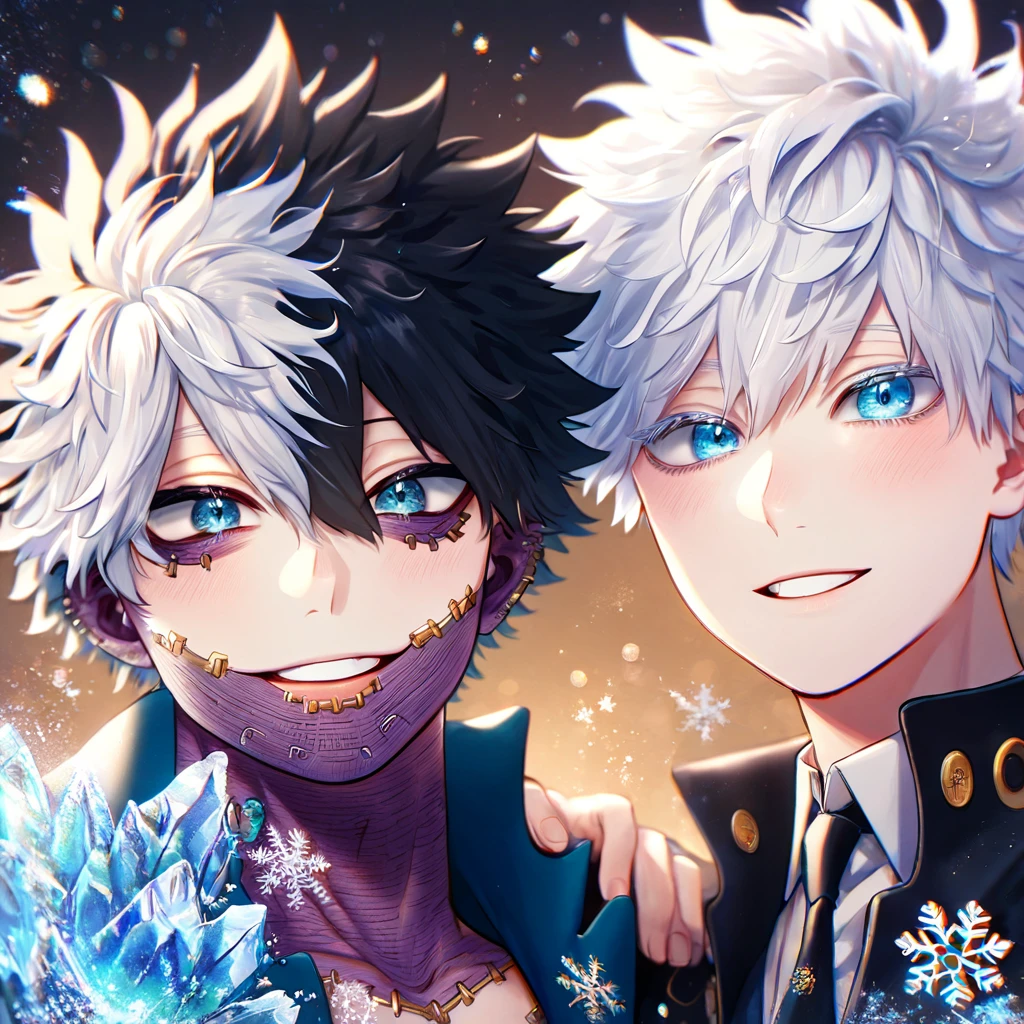 absurdres, highres, ultra detailed, HDR, master piece, best quality, extremely detailed face, delicated features, Dabi, black hair, expressive turquoise eyes, Boku No Hero Academia, Gojou Satoru, white hair, expressive blue eyes, white eyelashes, two sexy men together, yaoi, gay couple, handsome, smiling, blue jacket with fur, black coat, fantasy, magical, ice, blue fire, ice butterflies, snowflakes, starry night