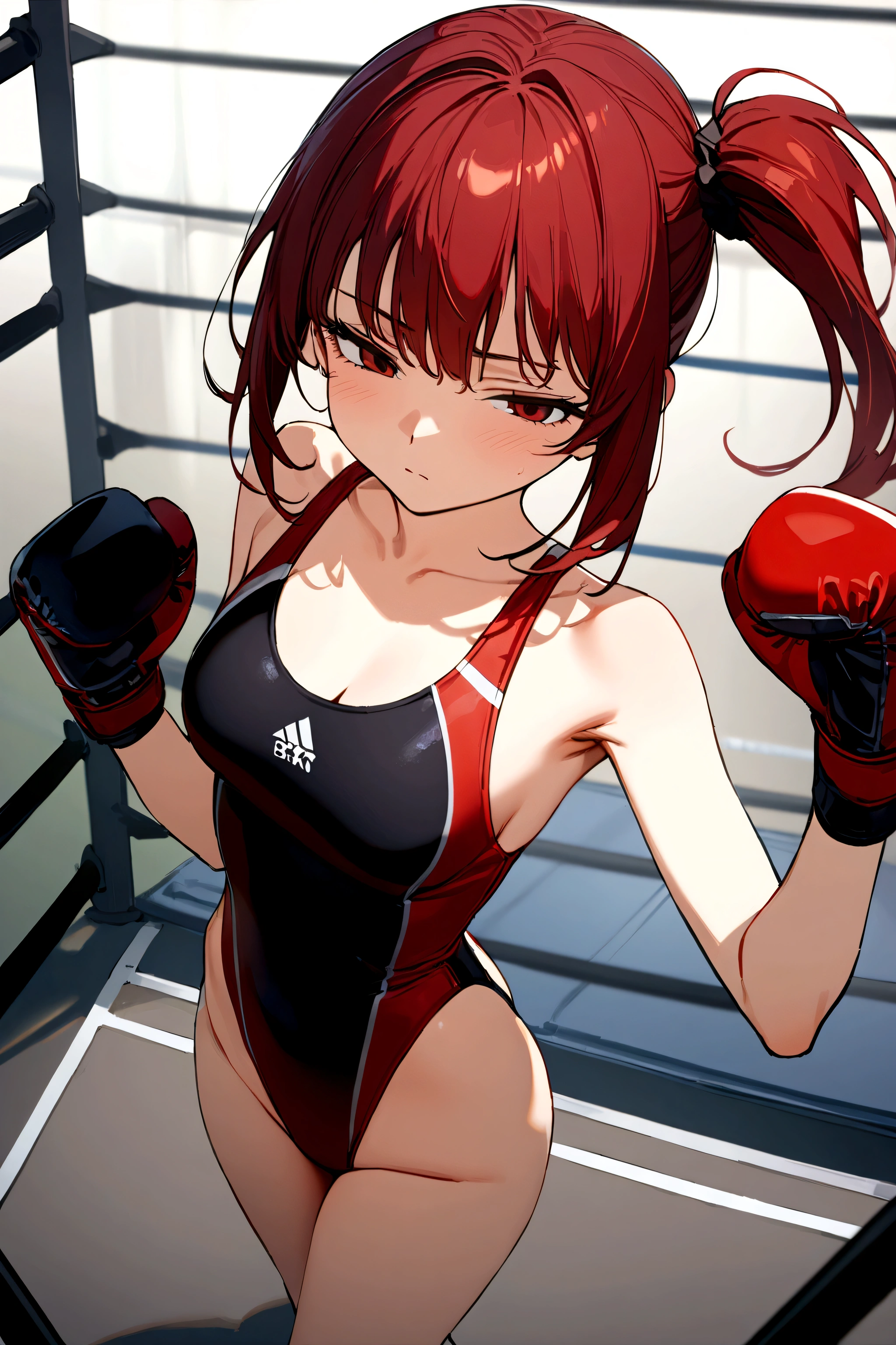 (1loli girl:1.4),(fighter:1.2), (medium hair, side-ponytail),straight hair, dark red hair,dark red eyes, large breasts, (cheeky),((half-closed eyes)),look down, ((She wears (dark red competition swimsuit)), Boxing Gloves, looking at viewer, (((standing))), fighting stance, (wrestling ring),(masterpiece, best quality, 8K:1.3), (ultra-detailed, high resolution:1.2),(illustration),((an extremely delicate and beautiful)),(detailed background),
