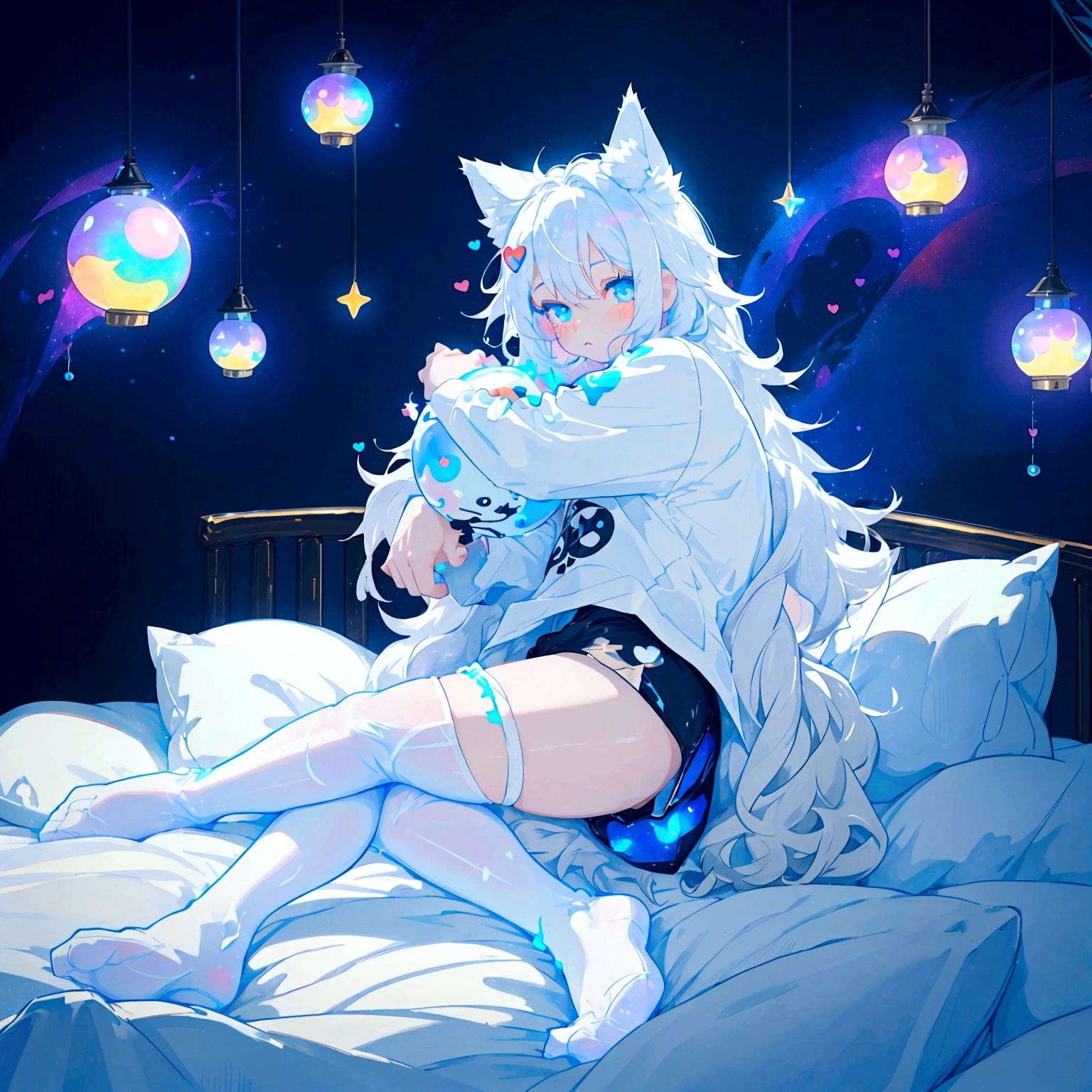 a cute adult male with wolf ears long white hair and a fluffy wolf tail, wearing bootyshorts and a tight t-shirt with a heart logo on it, has glowing blue eyes, is surrounded by dripping liquid galaxy rainbows, has very squishy thighs, wearing white thigh high socks, kawaii, on bed relaxing surrounded by plushies