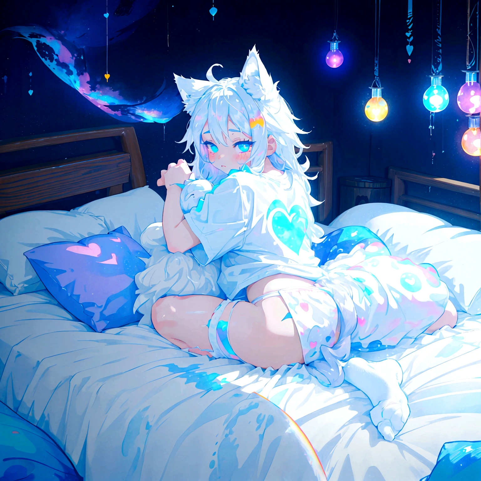 a cute adult male with wolf ears long white hair and a fluffy wolf tail, wearing bootyshorts and a tight t-shirt with a heart logo on it, has glowing blue eyes, is surrounded by dripping liquid galaxy rainbows, has very squishy thighs, wearing white thigh high socks, kawaii, on bed relaxing surrounded by plushies