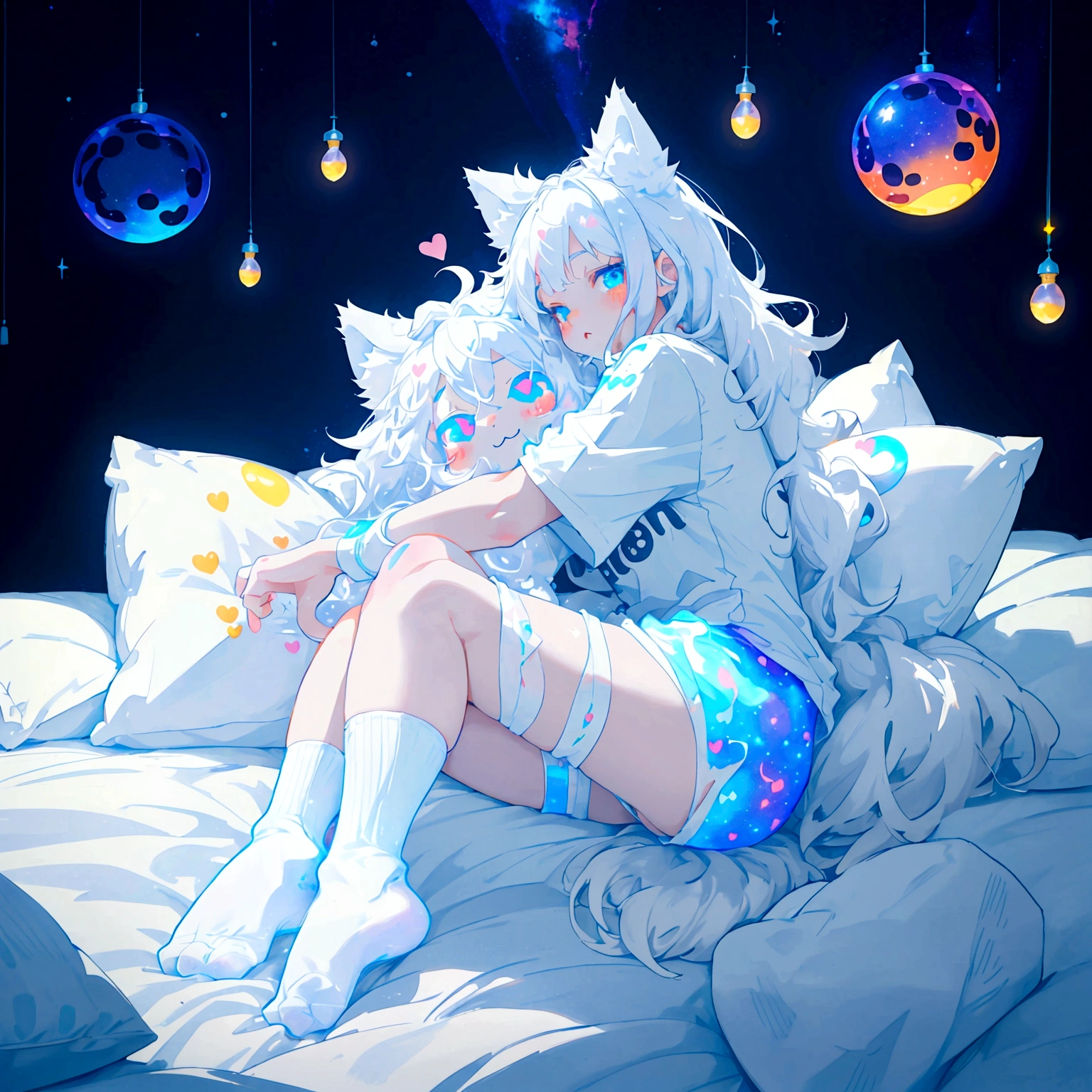 a cute adult male with wolf ears long white hair and a fluffy wolf tail, wearing bootyshorts and a tight t-shirt with a heart logo on it, has glowing blue eyes, is surrounded by dripping liquid galaxy rainbows, has very squishy thighs, wearing white thigh high socks, kawaii, on bed relaxing surrounded by plushies