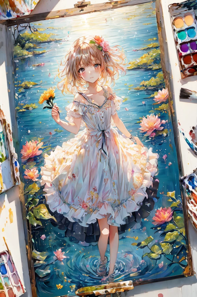 painting of a girl in a dress holding a flower in her hand, beautiful anime artwork, beautiful anime art, splash art anime loli, detailed painting 4 k, anime painting, detailed anime art, detailed anime artwork, beautiful anime art style, anime art wallpaper 4 k, anime art wallpaper 4k, beautiful character painting, loli in dress, clean detailed anime art