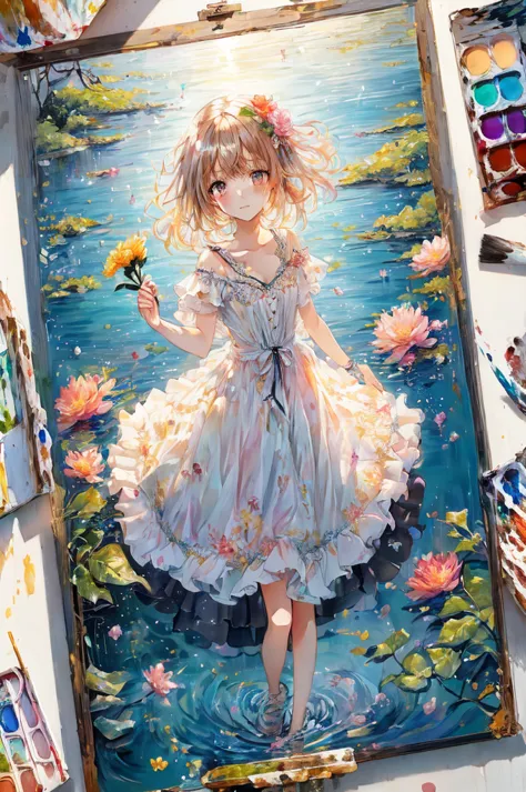 painting of a girl in a dress holding a flower in her hand, beautiful anime artwork, beautiful anime art, splash art anime loli,...