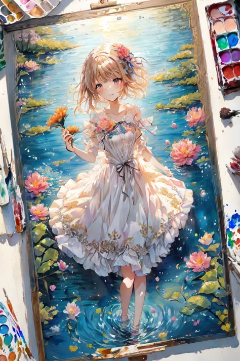 painting of a girl in a dress holding a flower in her hand, beautiful anime artwork, beautiful anime art, splash art anime loli,...
