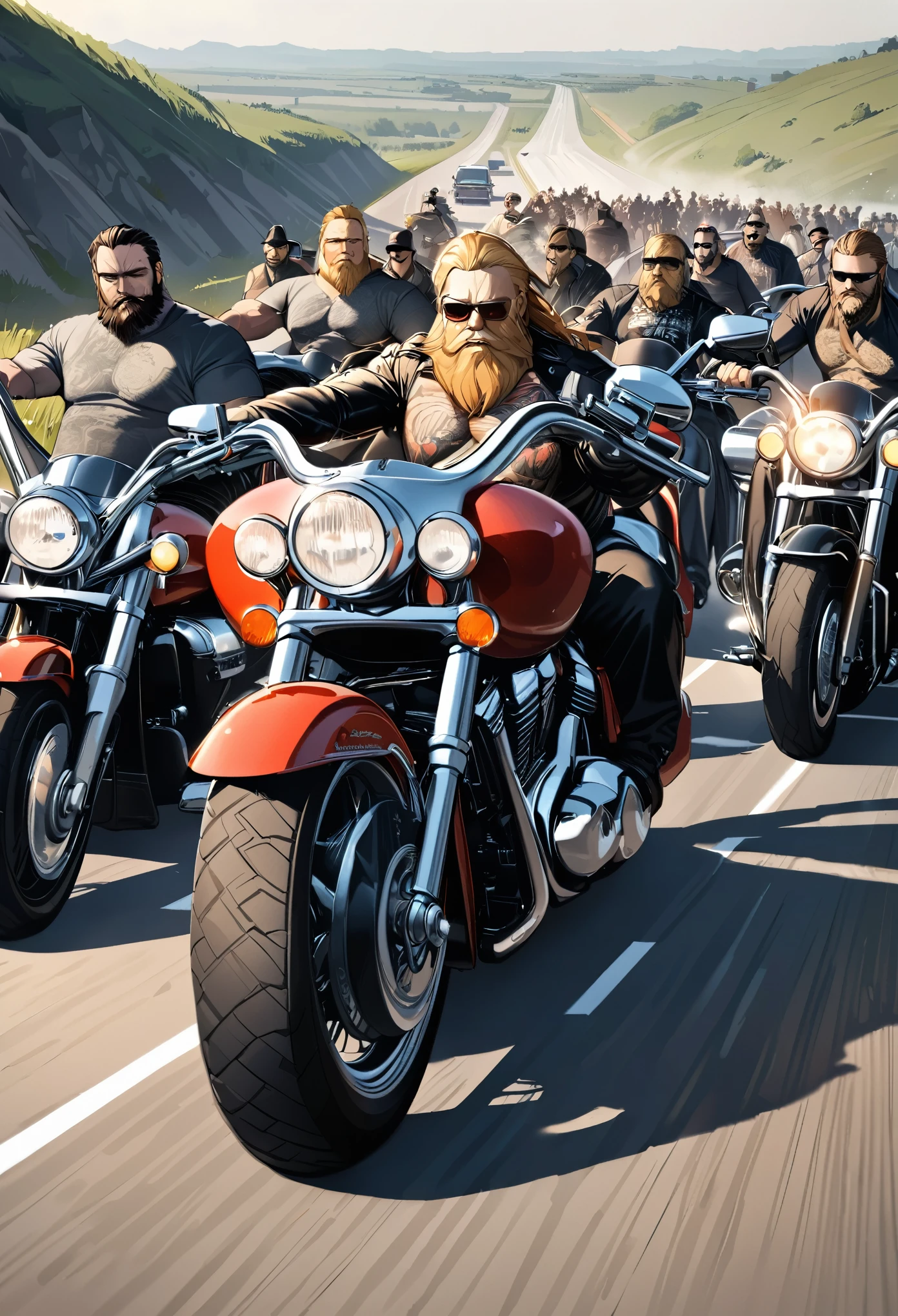 best quality, super fine, 16k, incredibly absurdres, extremely detailed, 2.5D, delicate and dynamic depiction, huge group of Harley riders, blondes, beards, tattoos, leather clothing, the roads of the American Midwest